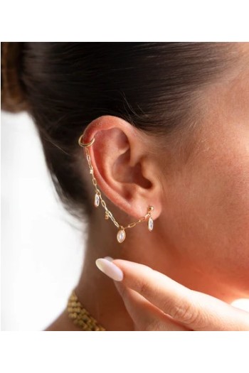 pendientes azelie zag con cadena y circonitas redondas dorado