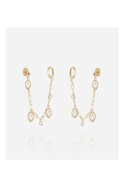 pendientes azelie zag con cadena y circonitas redondas dorado