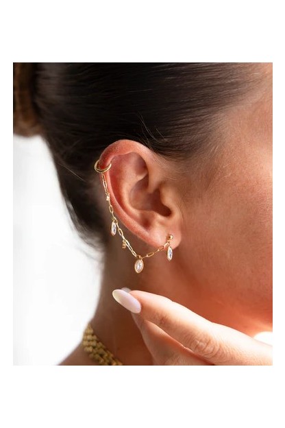 pendientes azelie zag con cadena y circonitas redondas dorado