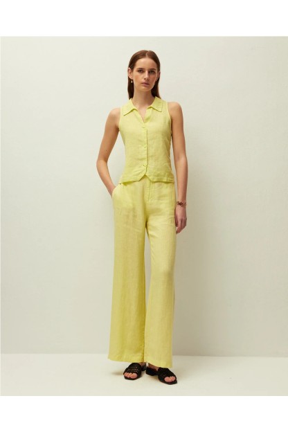 pantalon lino mujer system action verde oliva y beige