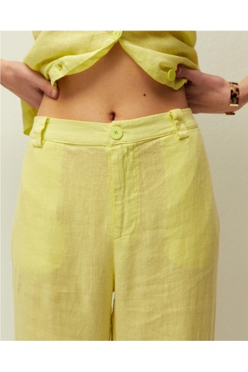 pantalon lino mujer system action verde oliva y beige