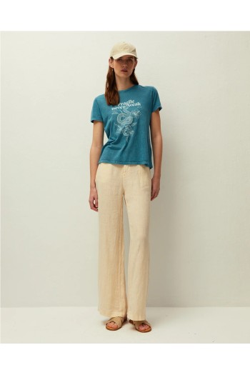 pantalon lino mujer system action verde oliva y beige