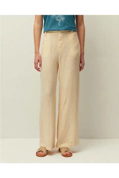 pantalon lino mujer system action verde oliva y beige