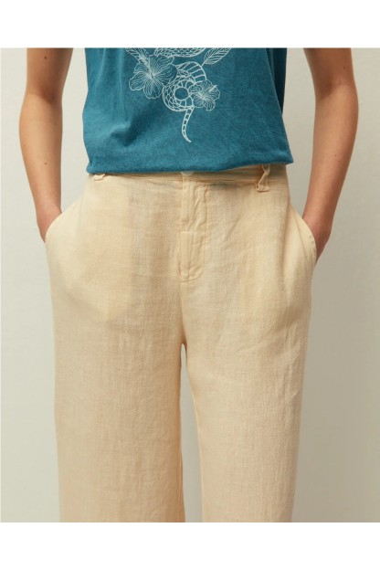 pantalon lino mujer system action verde oliva y beige