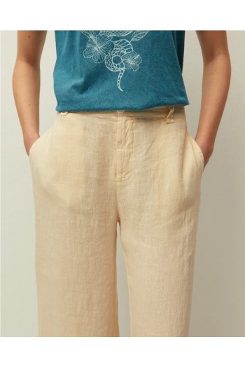 pantalon lino mujer system action verde oliva y beige