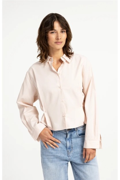 blusa de popelina con cintura ajustable y mangas largas rosa melocoton
