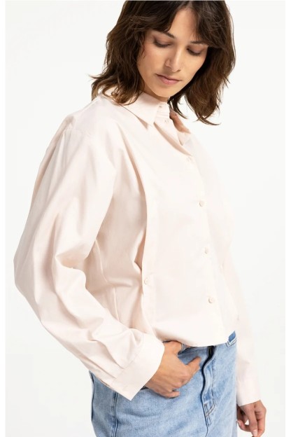 blusa de popelina con cintura ajustable y mangas largas rosa melocoton