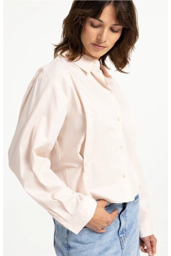 blusa de popelina con cintura ajustable y mangas largas rosa melocoton