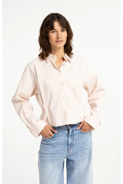 blusa de popelina con cintura ajustable y mangas largas rosa melocoton
