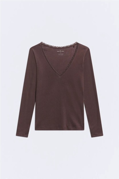 camiseta básica manga larga encaje marrón café lace ese o ese mujer