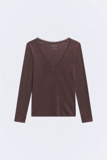 camiseta básica manga larga encaje marrón café lace ese o ese mujer