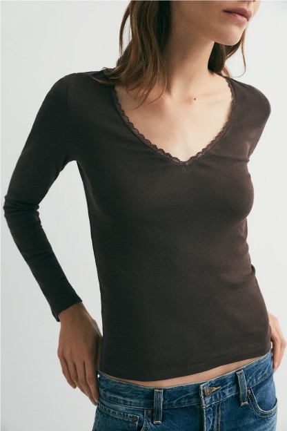 camiseta básica manga larga encaje marrón café lace ese o ese mujer