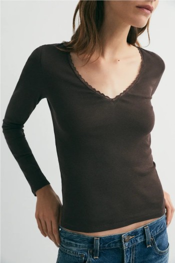 camiseta básica manga larga encaje marrón café lace ese o ese mujer