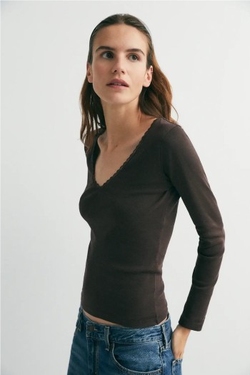 camiseta básica manga larga encaje marrón café lace ese o ese mujer