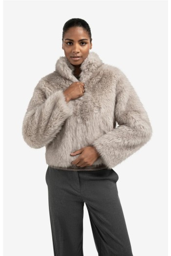 abrigo chaqueta corta yaya piel sintetica gris cuello alto